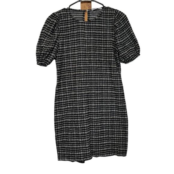 Zara Gray & Black Textured Puff Sleeve Dress Size M - Picture 2 of 10